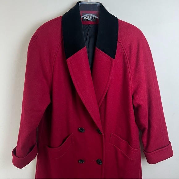 Vintage Jofeld Long Wool Coat Velvet Collar Pockets Red Black Large Old Money - Picture 2 of 16